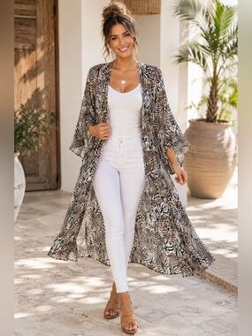 NWT Umgee Animal Print Open Front Kimono Duster Cardigan Size S Boho A13